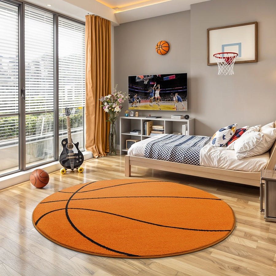 Karpet24 Rond Vloerkleed – Basketbal Design voor de Kinderkamer | Oranje/Zwart