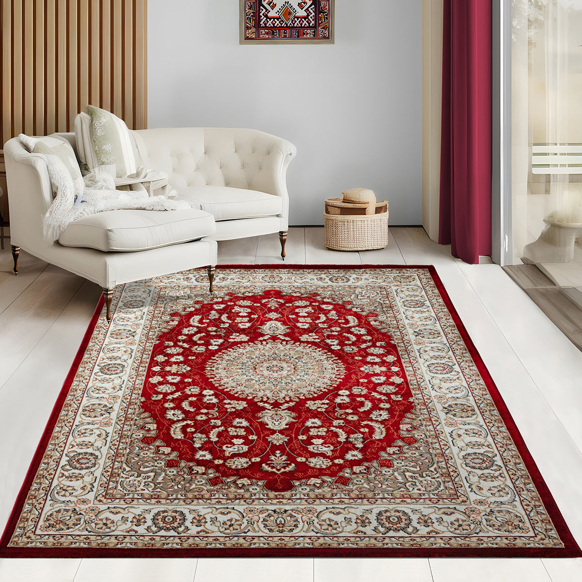 Vloerkleed Dubai Deluxe – Klassiek Oosters Medaillonmotief in Rood en Crème