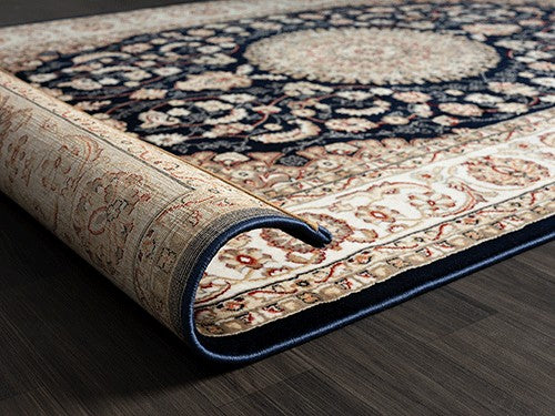 Vloerkleed Dubai Deluxe – Klassiek Oosters Medaillonmotief in Blauw en Crème