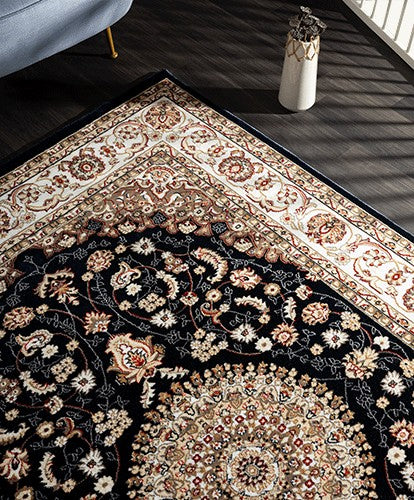 Vloerkleed Dubai Deluxe – Klassiek Oosters Medaillonmotief in Blauw en Crème