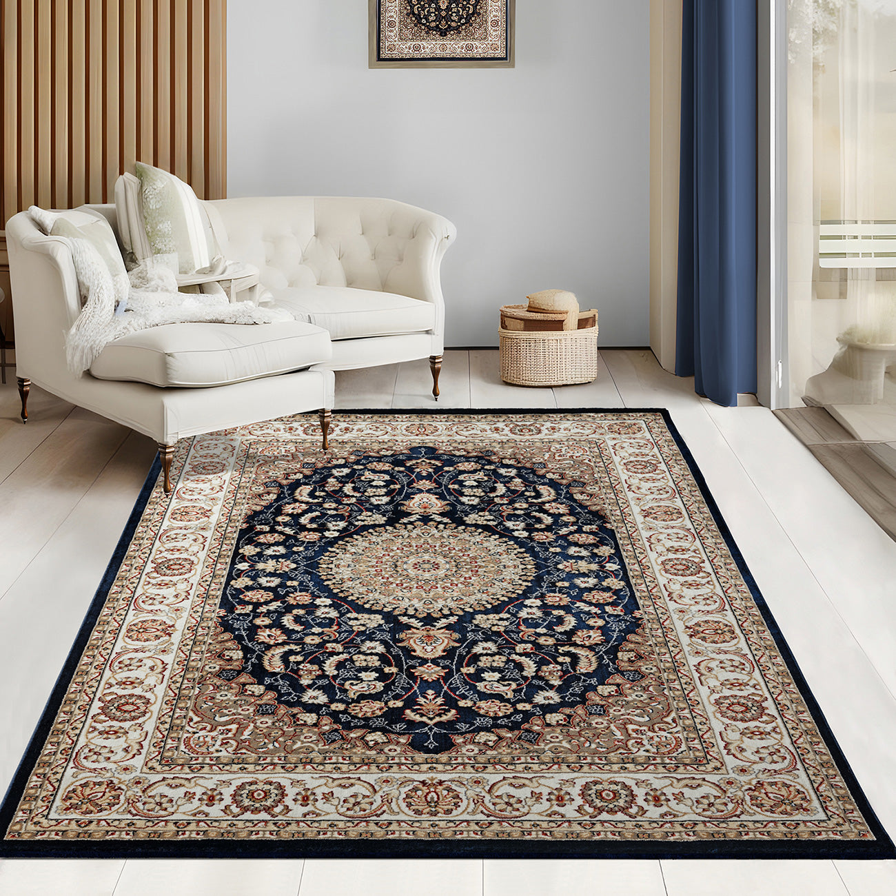 Vloerkleed Dubai Deluxe – Klassiek Oosters Medaillonmotief in Blauw en Crème