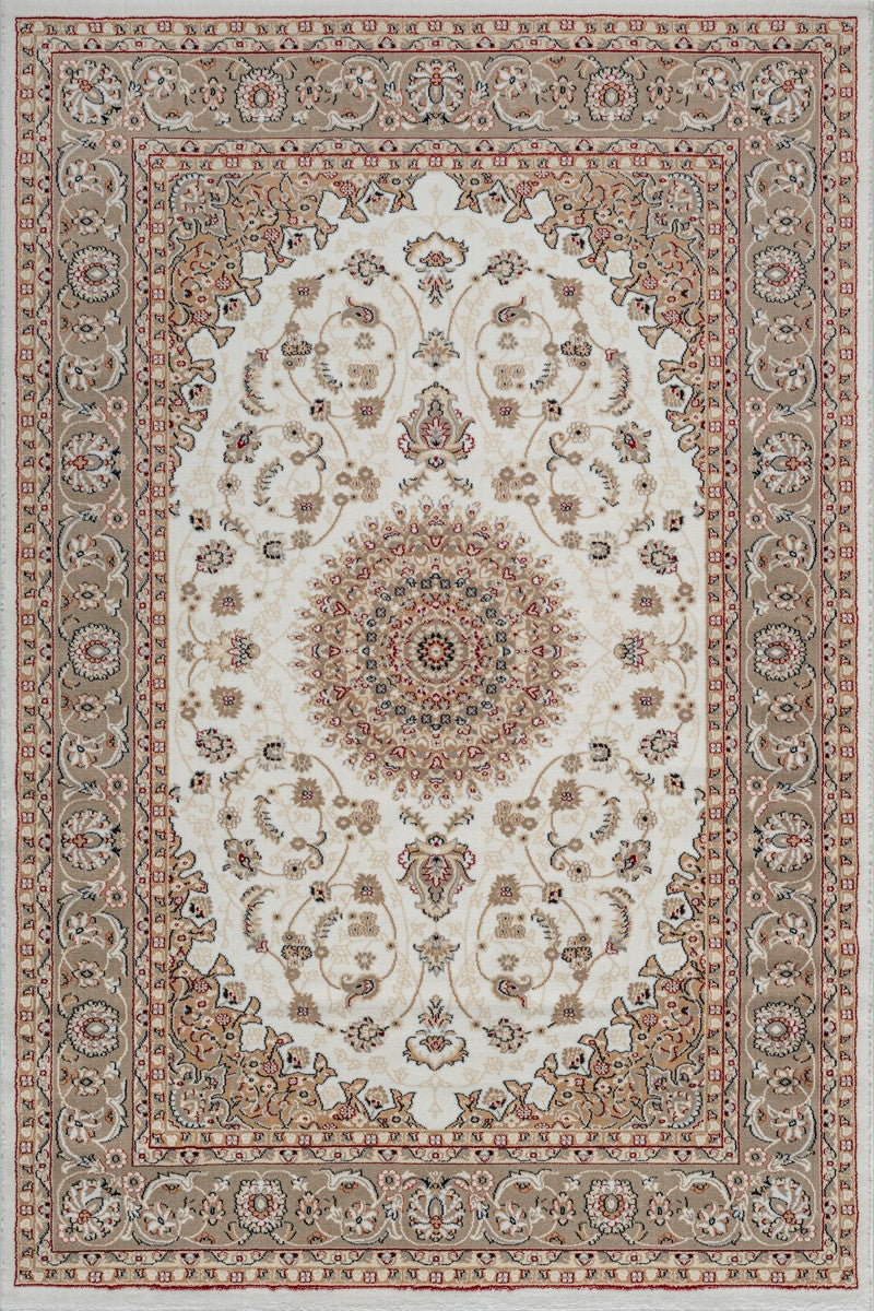 Vloerkleed Dubai Deluxe – Klassiek Oosters Medaillonmotief in Beige en Crème