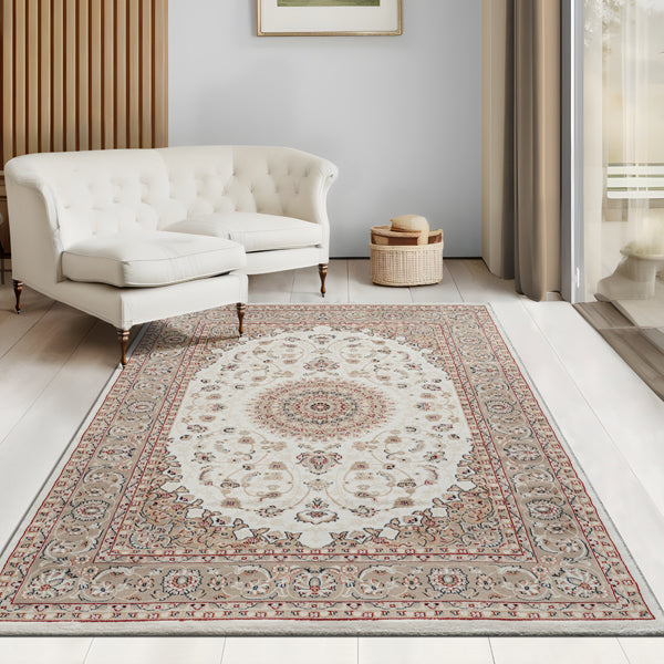 Vloerkleed Dubai Deluxe – Klassiek Oosters Medaillonmotief in Beige en Crème