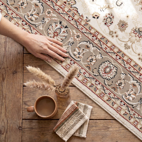 Vloerkleed Dubai Deluxe – Klassiek Oosters Medaillonmotief in Beige en Crème