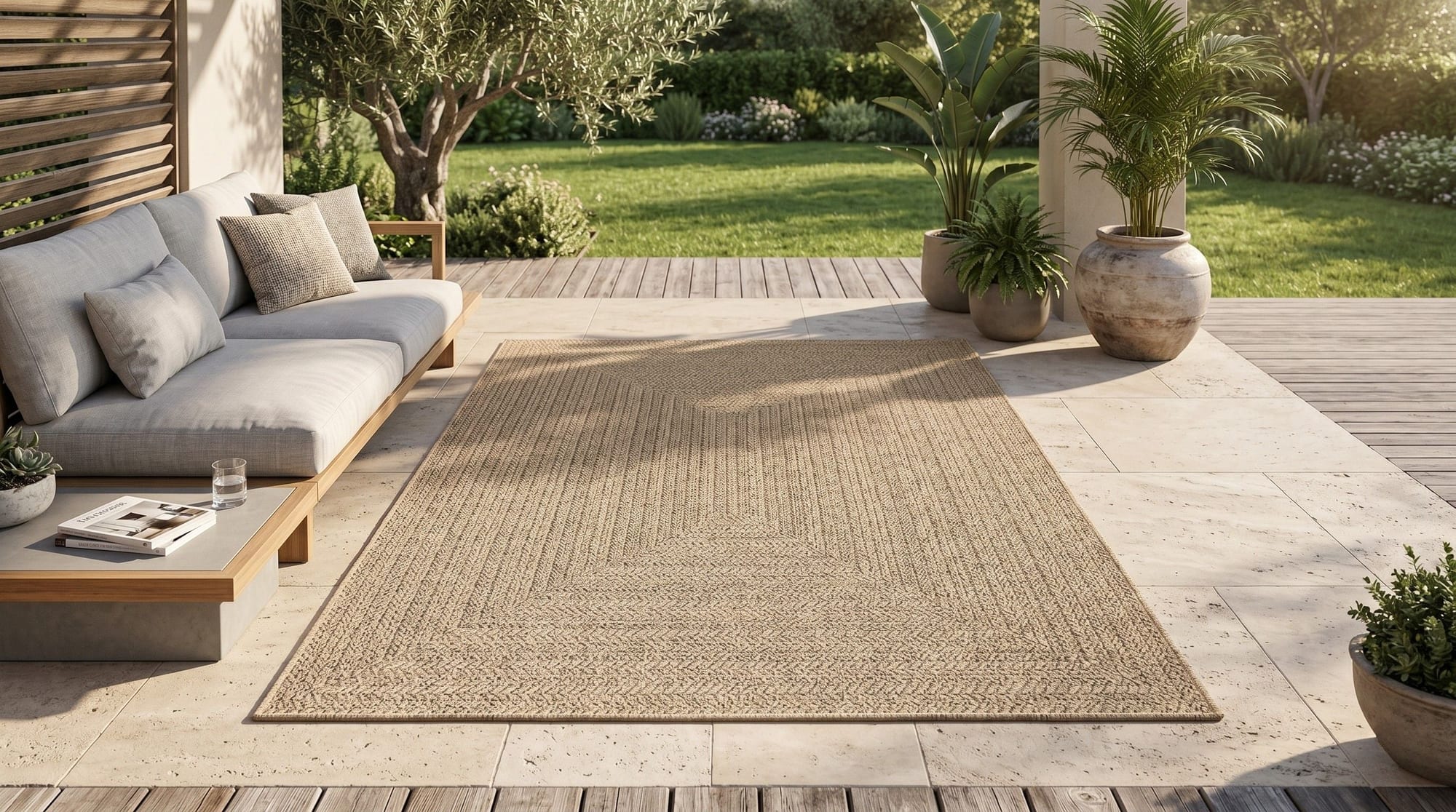 Modern buitenkleed op een terras met natuurlijke textuur — Karpet24