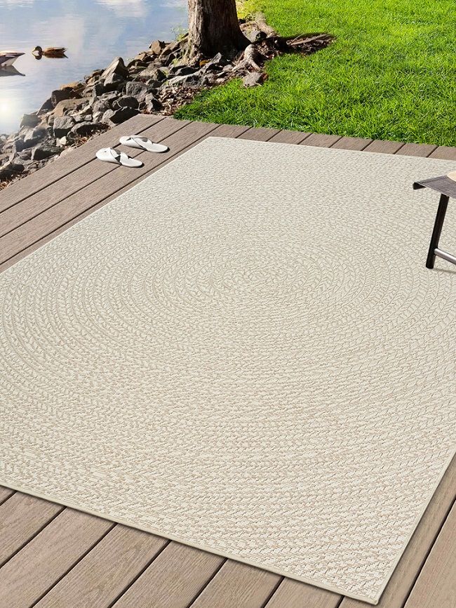 Buitentapijt met Jute Look – Cream – Rond Gevlochten Design – Weerbestendig & Stijlvol - Vooraanzicht