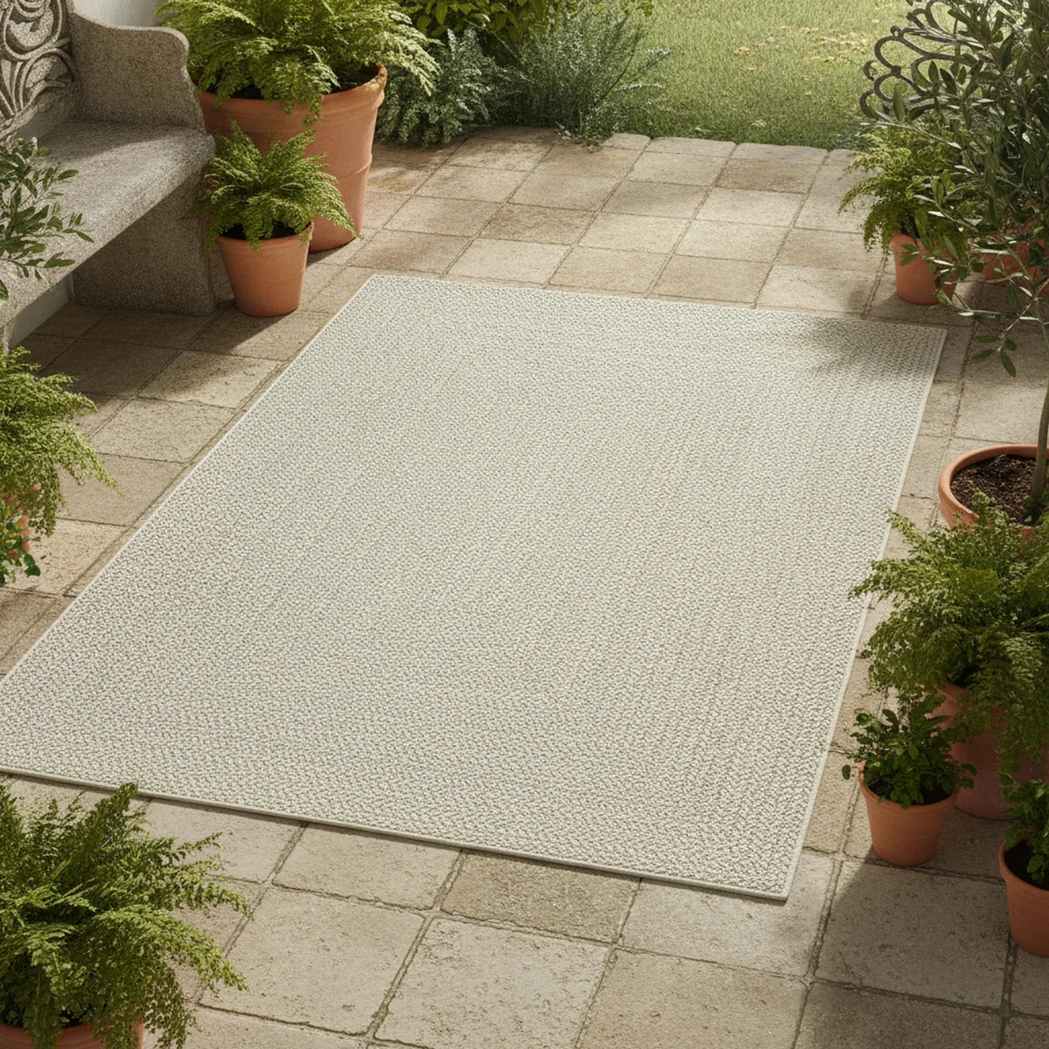 Buitentapijt met Jute Look – Rechthoekig met Vierkant Patroon – Natuurlijke Look – Weer- & UV-bestendig - Sfeerbeeld