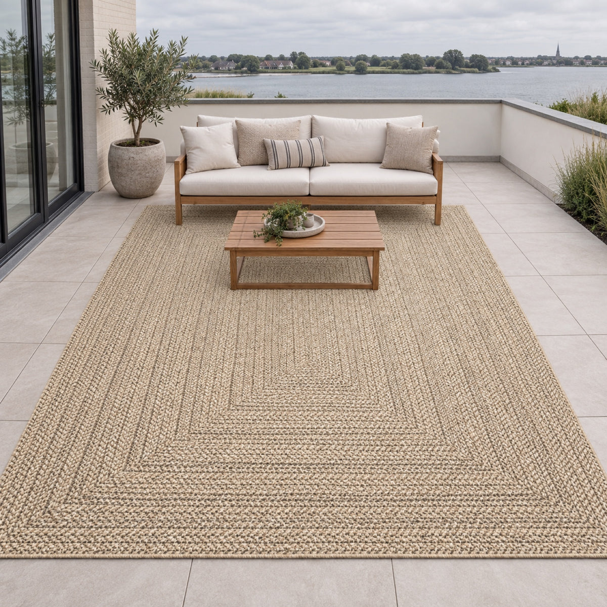 Buitentapijt met Jute Look – Rechthoekig met Vierkant Patroon Bruin – Natuurlijke Look – Weer- & UV-bestendig – sfeerimpressie op het terras