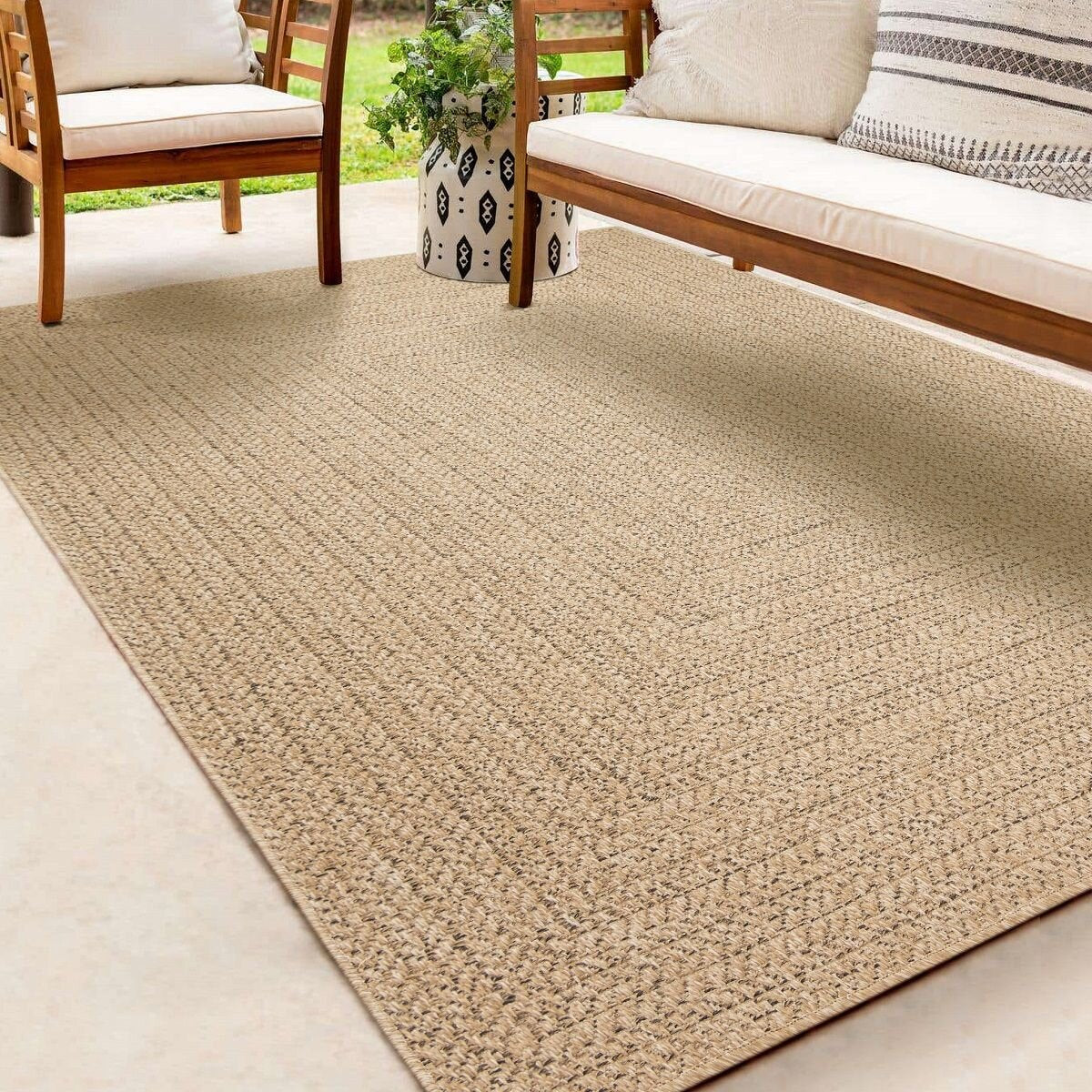 Buitentapijt met Jute Look – Rechthoekig met Vierkant Patroon Bruin – Natuurlijke Look – Weer- & UV-bestendig — hoekdetail