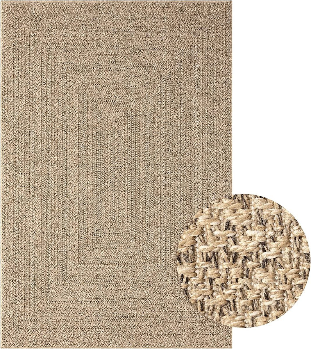 Buitentapijt met Jute Look – Rechthoekig met Vierkant Patroon Bruin – Natuurlijke Look – Weer- & UV-bestendig — sfeerbeeld interieur