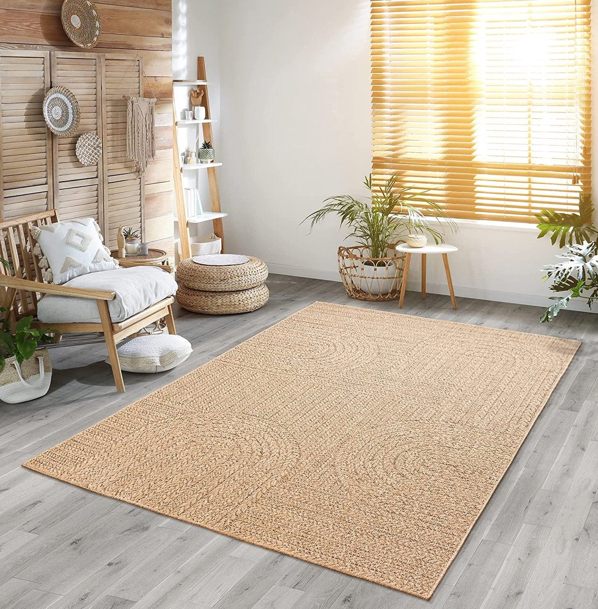 Buitentapijt moderne organische look – Bruin – half-cirkelvormige patronen – Weerbestendig & Stijlvol — detail weefsel