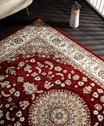 Vloerkleed Dubai Deluxe 56253 Rood – Geweven met Jute Rugzijde – detail van de tekening in het midden