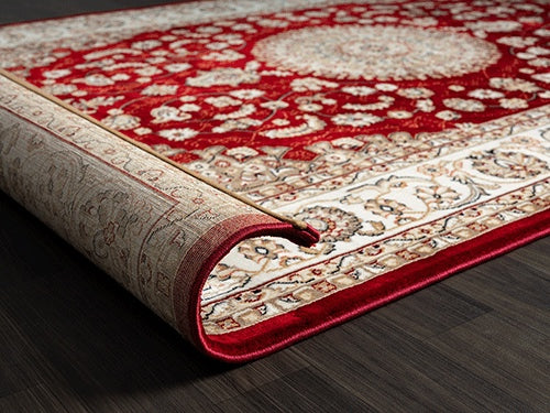 Vloerkleed Dubai Deluxe 56253 Rood – Geweven met Jute Rugzijde – sfeerimpressie in de woonkamer