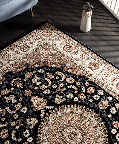 Vloerkleed Dubai Deluxe 56253 Blauw – Laagpolig en Dicht Geweven – opgerolde hoek