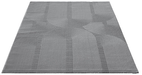Vloerkleed Sign 1904 Grijs – Neutrale Toon met Reliëf en Diepte – opgerolde hoek op houten vloer
