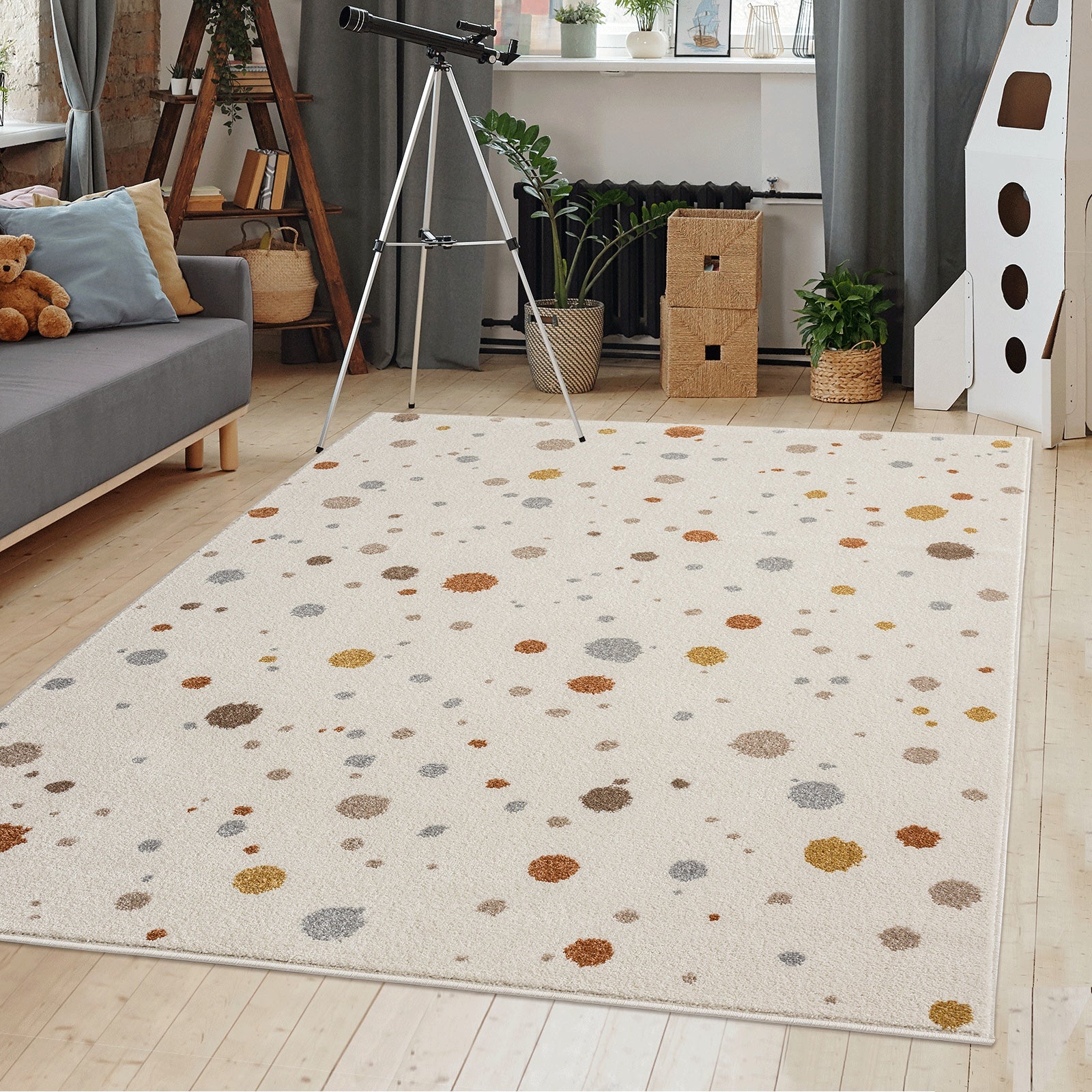 Vloerkleed Sound 40267 Crème – lichte tint met stevige juterug – opgerolde hoek op een houten vloer