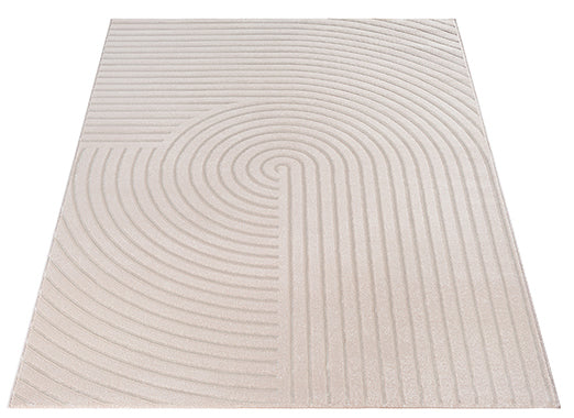 Vloerkleed Studio Beige – Klassiek Randdessin in Warme Zandtint – opgerolde hoek op houten vloer