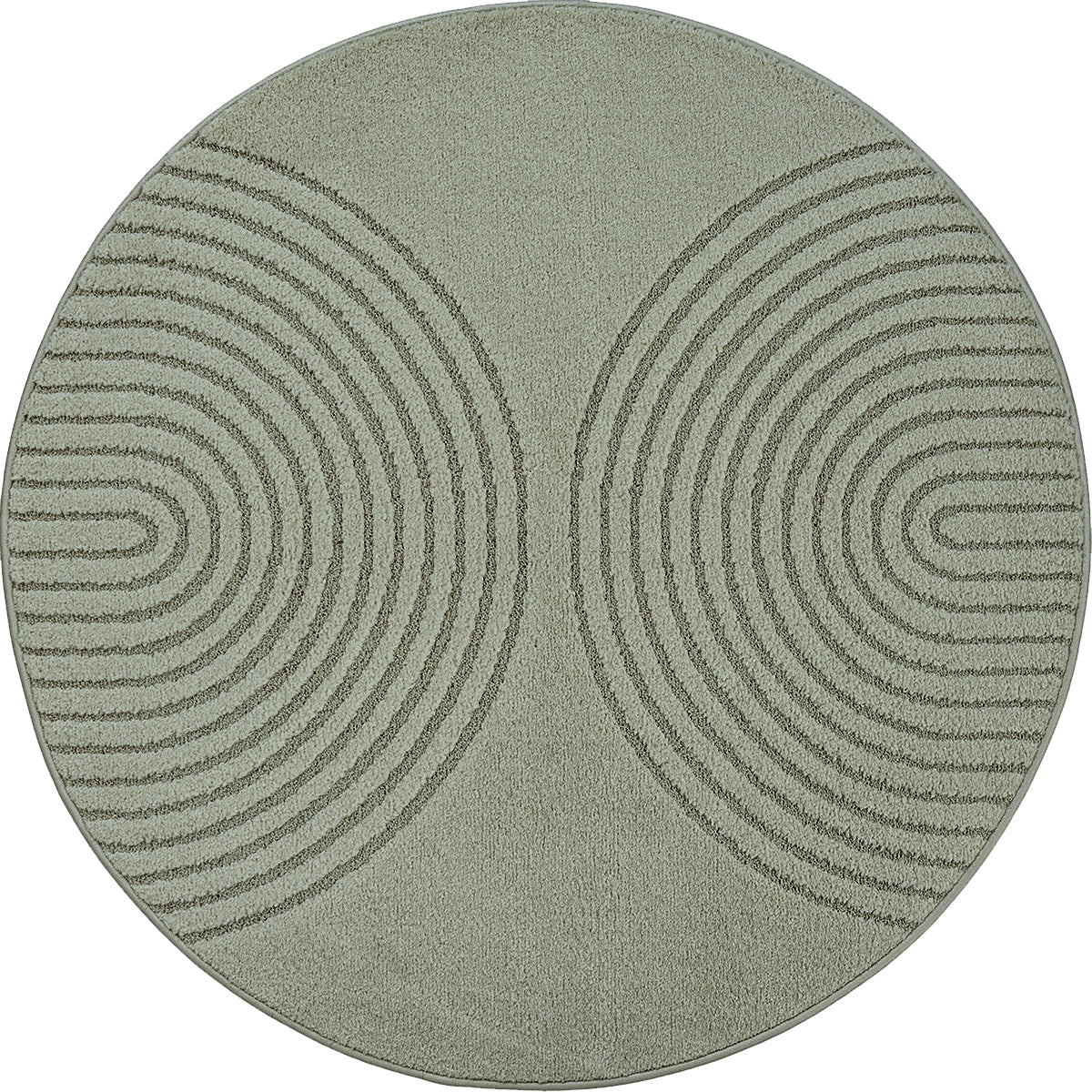 Vloerkleed Eclipse 2320 Groen – Laagpolig met modern cirkelmotief – opgerolde hoek op houten vloer