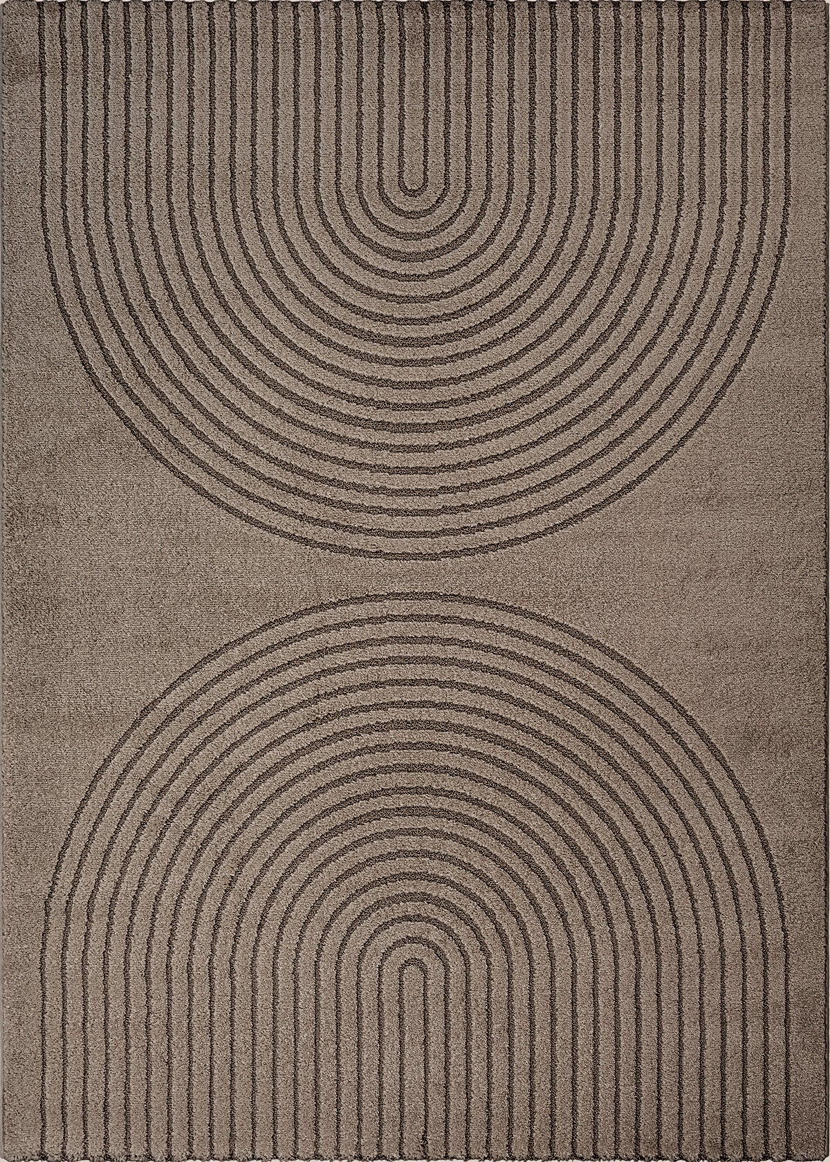 Vloerkleed Eclipse 2320 Bruin – Grafische cirkels op jute rug – bovenaanzicht