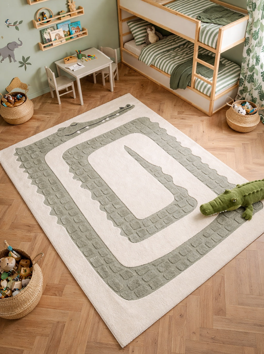 Vloerkleed Elio Kids Crème – Geweven Kinderkleed in 5 Maten – opgerolde hoek op een houten vloer