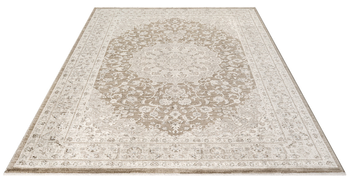 Vloerkleed Flowline 52086 Bruin – Warm Laagpolig Geweven Vloerkleed – opgerolde hoek op een houten vloer