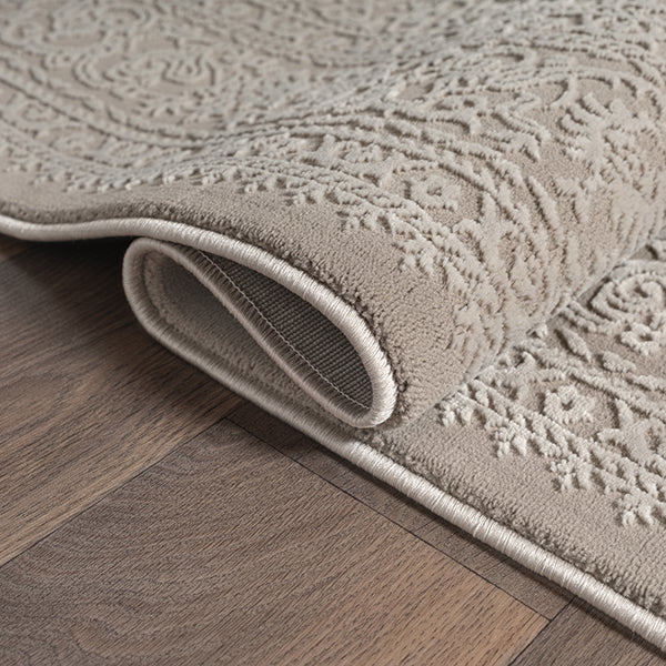 Vloerkleed Sign 1978 Beige – Rustig Reliëf op Juten Rugzijde – detail van de pool en de juten rugzijde