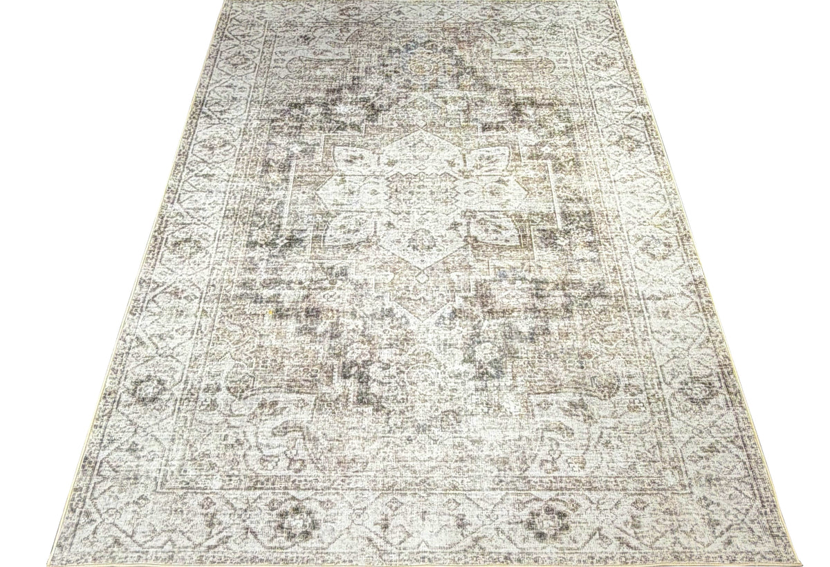 Vloerkleed Aria 3201 Beige – Vlakke Pool van 3 mm – opgerolde hoek op houten vloer