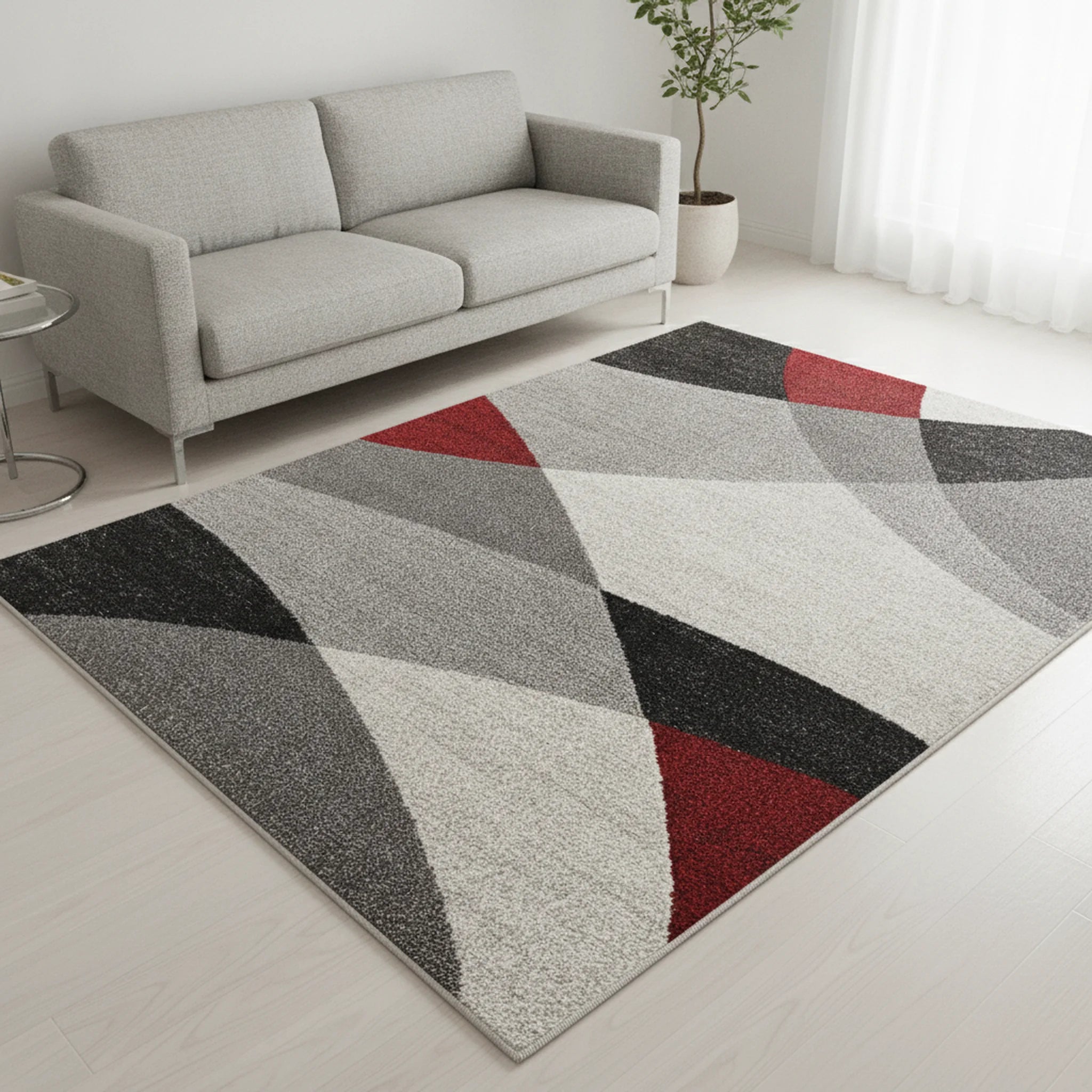 Karpet24 Abstract Modern Vloerkleed – Grijs, Rood & Zwart - Sfeerbeeld
