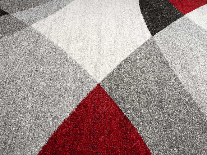 Karpet24 Abstract Modern Vloerkleed – Grijs, Rood & Zwart — hoekdetail