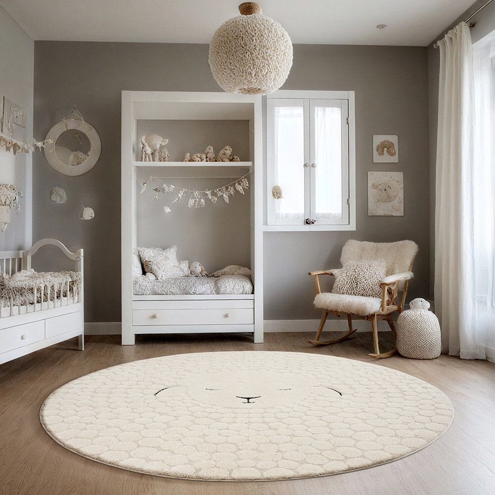 Karpet24 Alina Kids – Schattig -Ø 120 cm Rond Schaapdesign in Crème, Perfect voor de Kinderkamer - Vooraanzicht