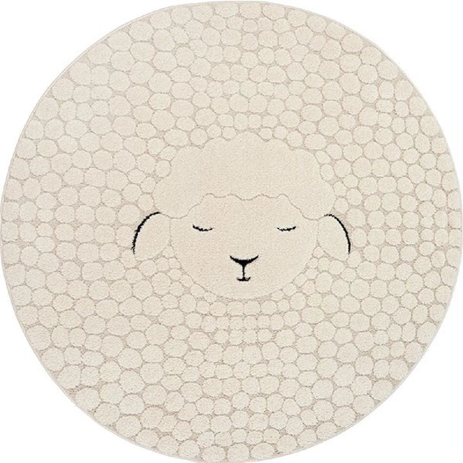 Karpet24 Alina Kids – Schattig -Ø 120 cm Rond Schaapdesign in Crème, Perfect voor de Kinderkamer - Vooraanzicht