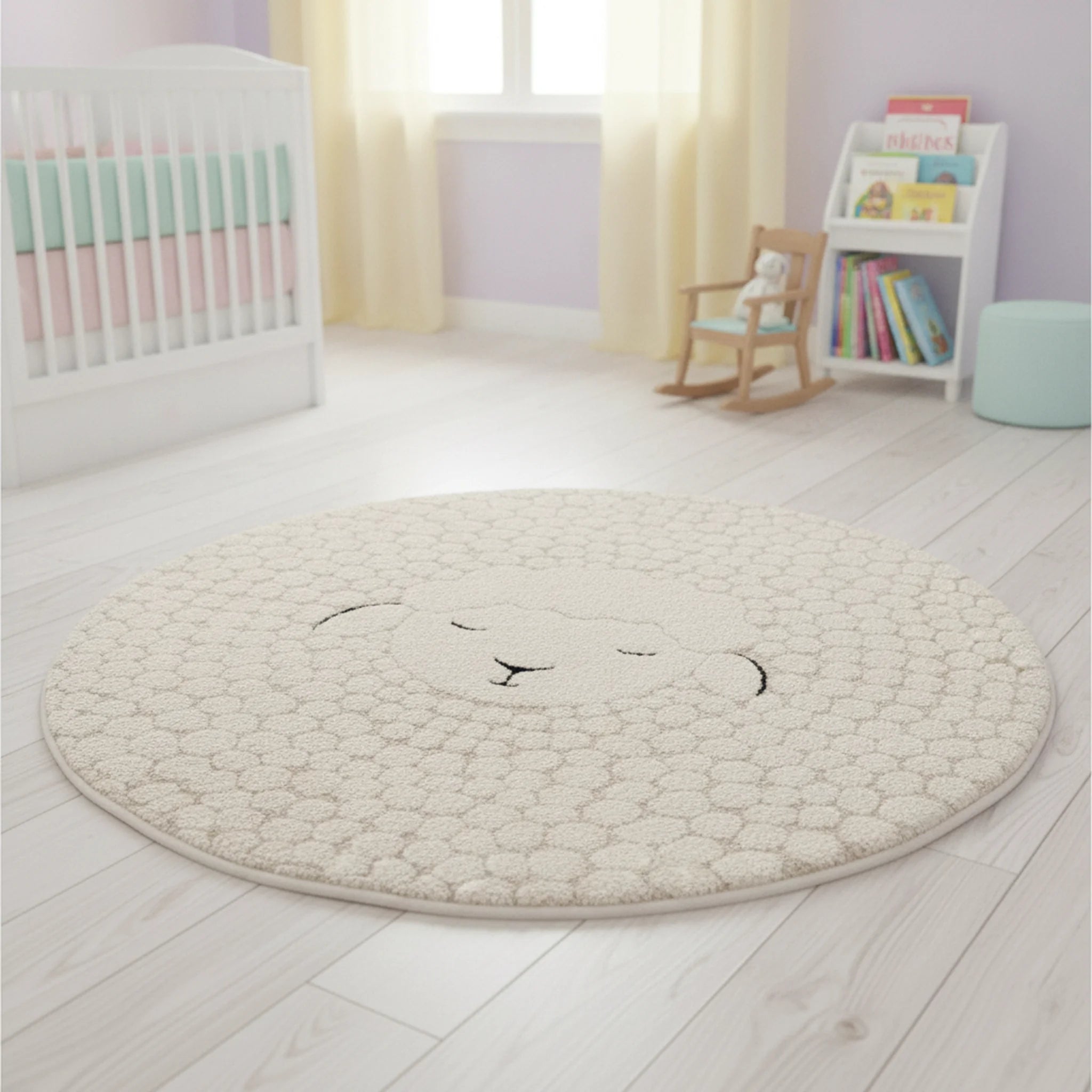 Karpet24 Alina Kids – Schattig -Ø 120 cm Rond Schaapdesign in Crème, Perfect voor de Kinderkamer - Sfeerbeeld