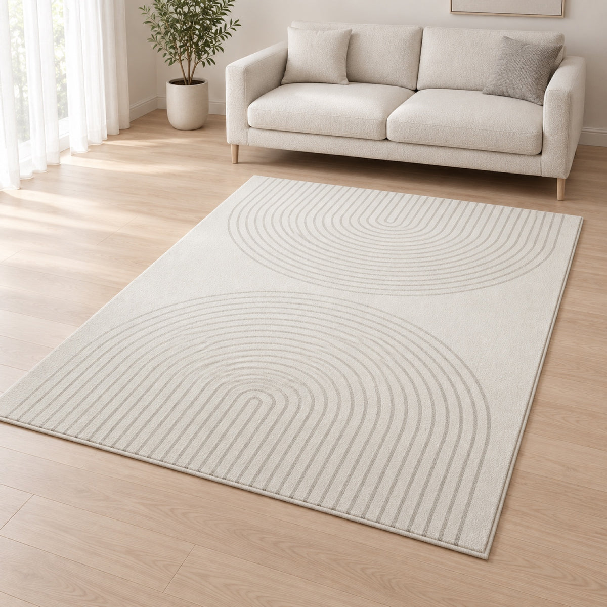 Karpet24 Eclipse – Modern laagpolig vloerkleed, geometrisch patroon in Crème – sfeerimpressie in de woonkamer