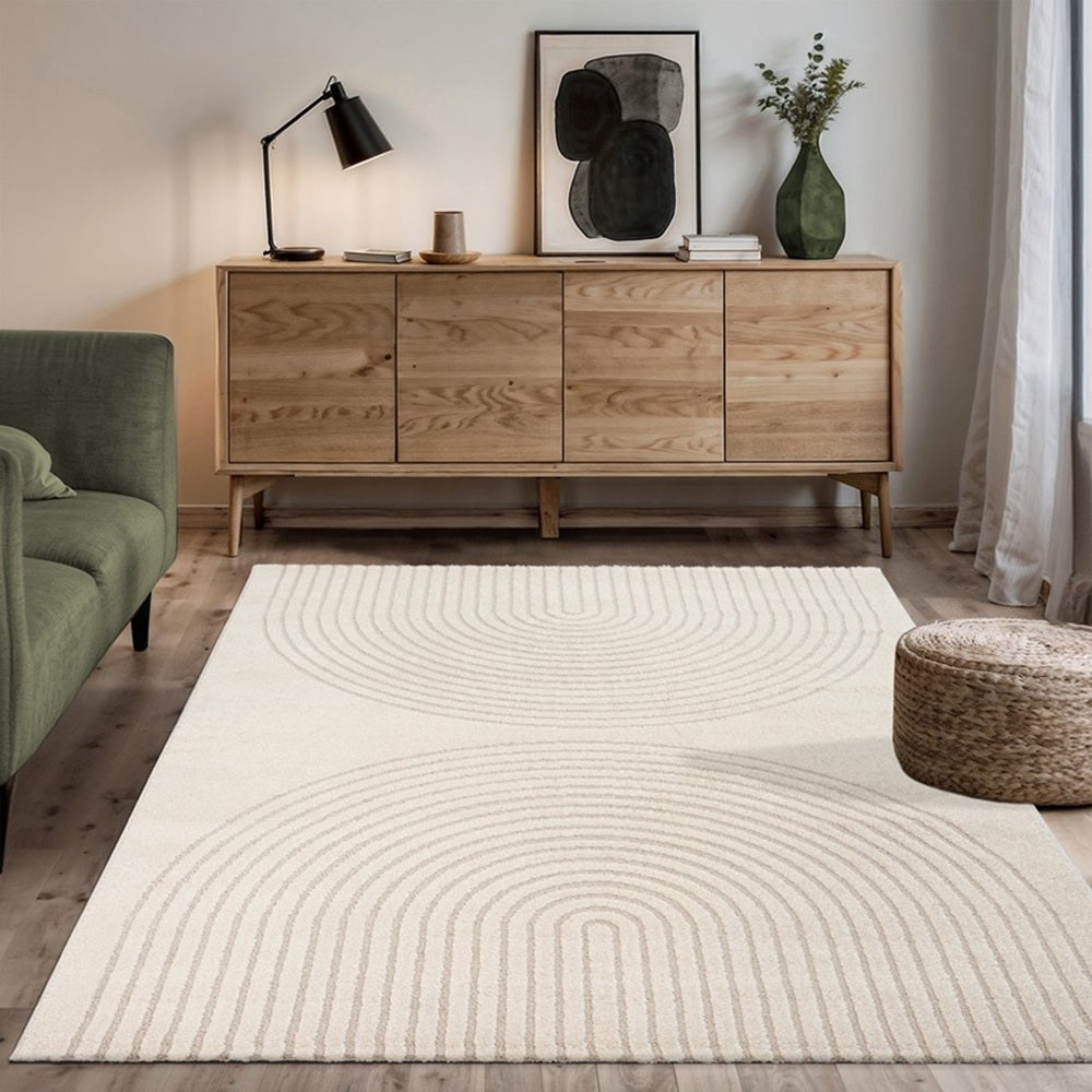Karpet24 Eclipse – Modern laagpolig vloerkleed, geometrisch patroon in cream — sfeerbeeld in interieur