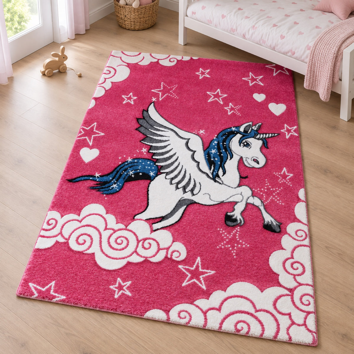 Karpet24 Kindervloerkleed Eenhoorn – Roze Speelkleed met Wolken & Sterren – sfeerimpressie in de kinderkamer
