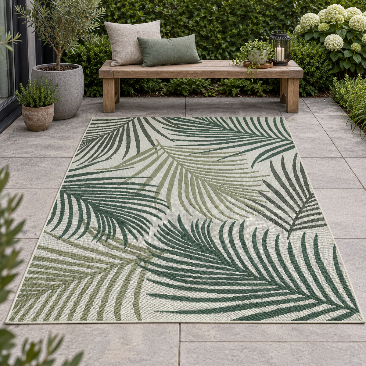 Maestro groen – rechthoekig buitenkleed op een tuin terras