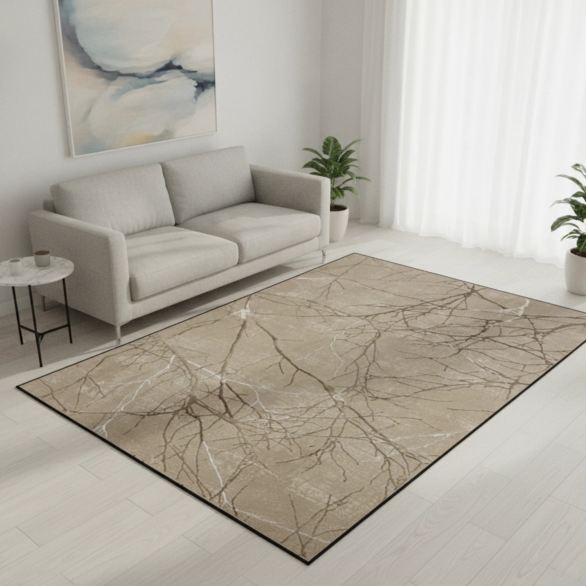 Karpet24 Modern Vloerkleed Creation - Laagpolig Tapijt met Stijlvol Takkenontwerp in Taupe en Crème - Sfeerbeeld