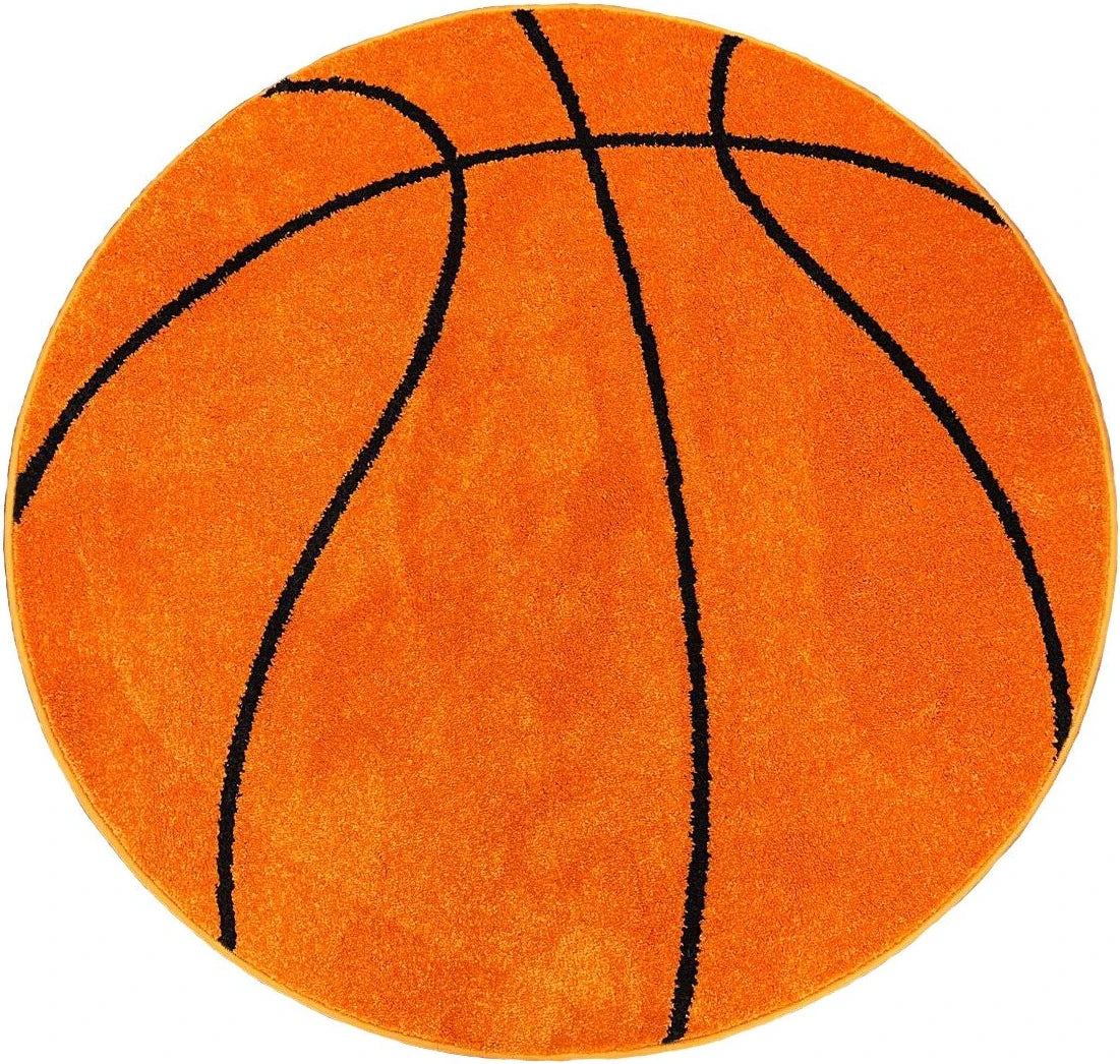 Karpet24 Rond Vloerkleed – Basketbal Design voor de Kinderkamer | Oranje/Zwart - Vooraanzicht