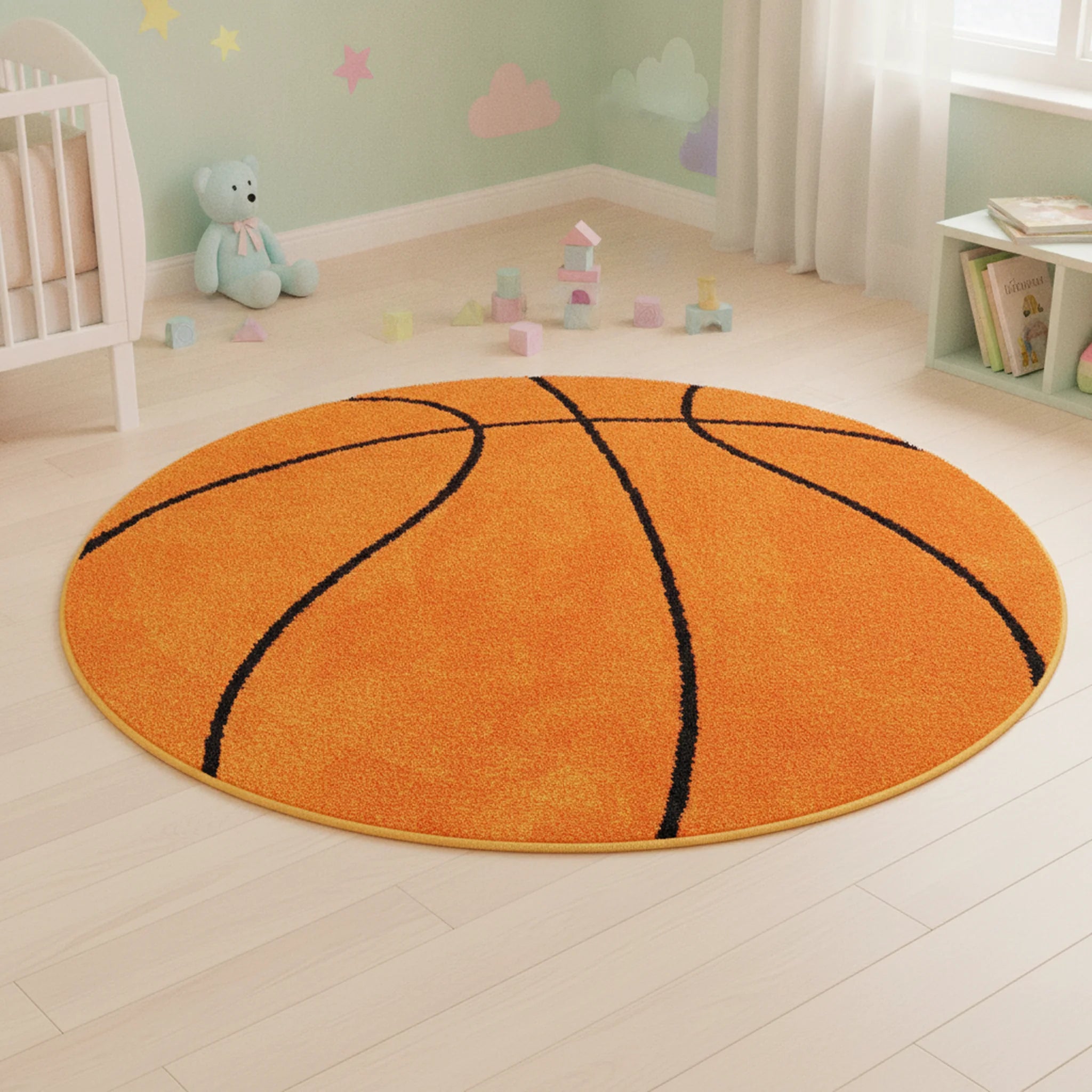 Karpet24 Rond Vloerkleed – Basketbal Design voor de Kinderkamer | Oranje/Zwart - Sfeerbeeld