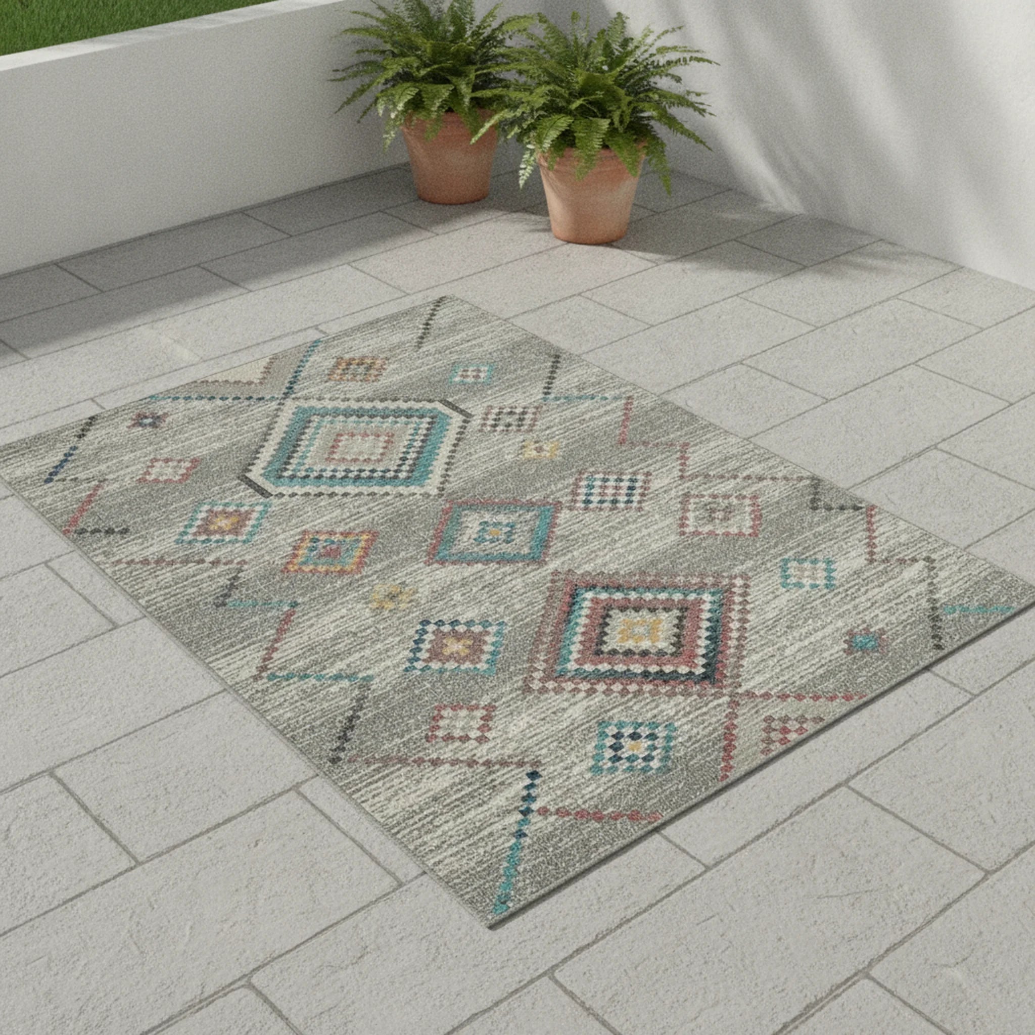 Karpet24 Salsa – Binnen & Buiten Vloerkleed in Blend Aztec Stijl, Grijs Blauw - Sfeerbeeld