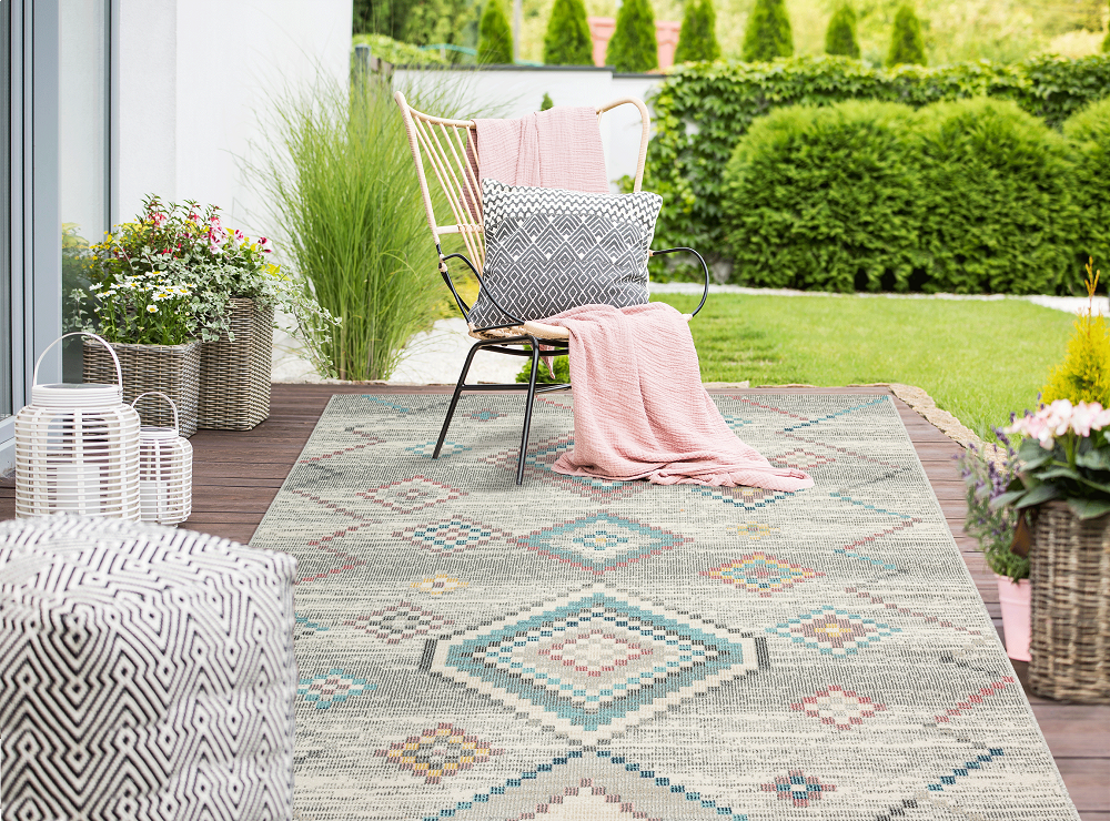 Karpet24 Salsa – Binnen & Buiten Vloerkleed in Blend Aztec Stijl, Grijs Blauw — hoek