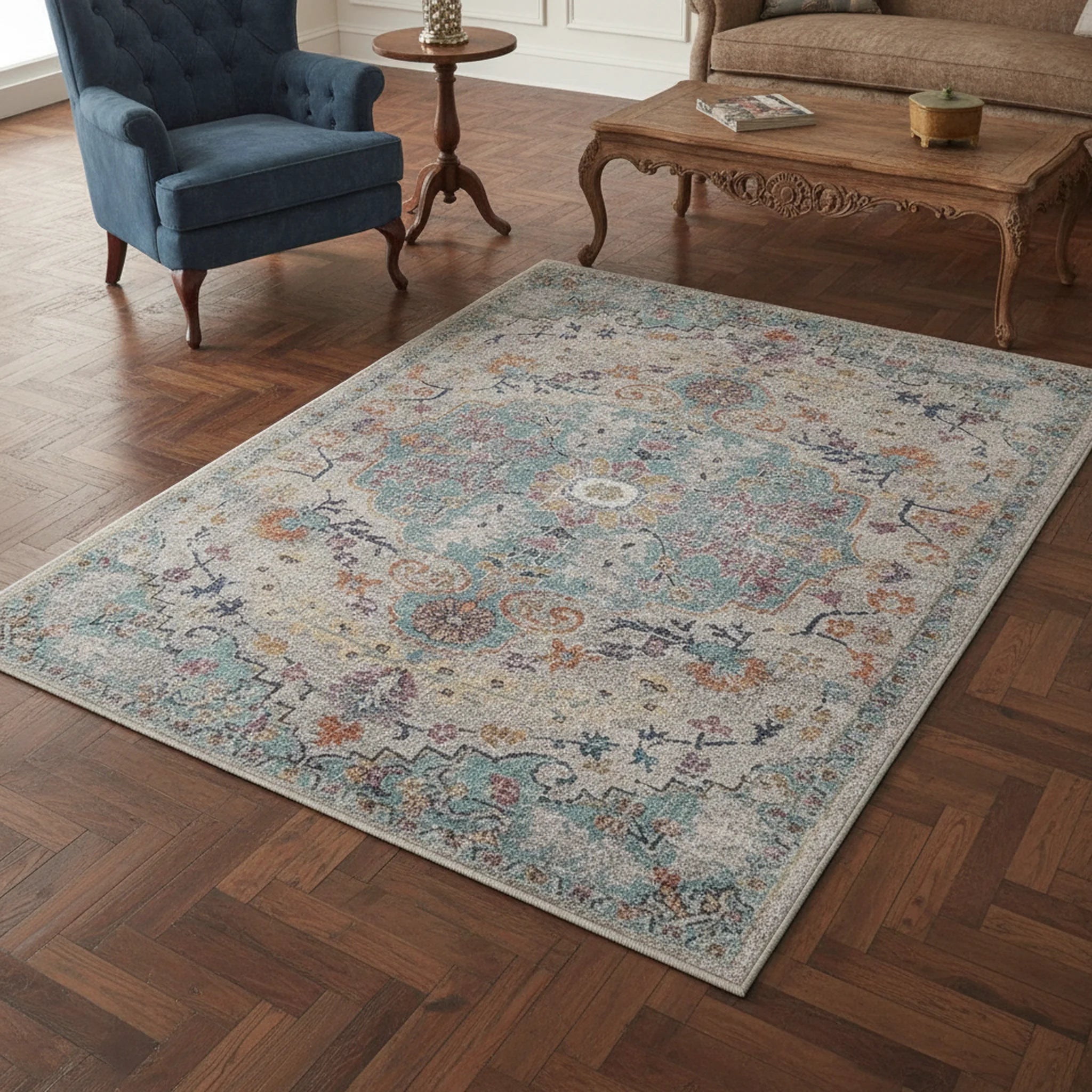 Karpet24 Salsa – Vintage Style Vloerkleed met Oosters Design in Blauw-Beige - Sfeerbeeld