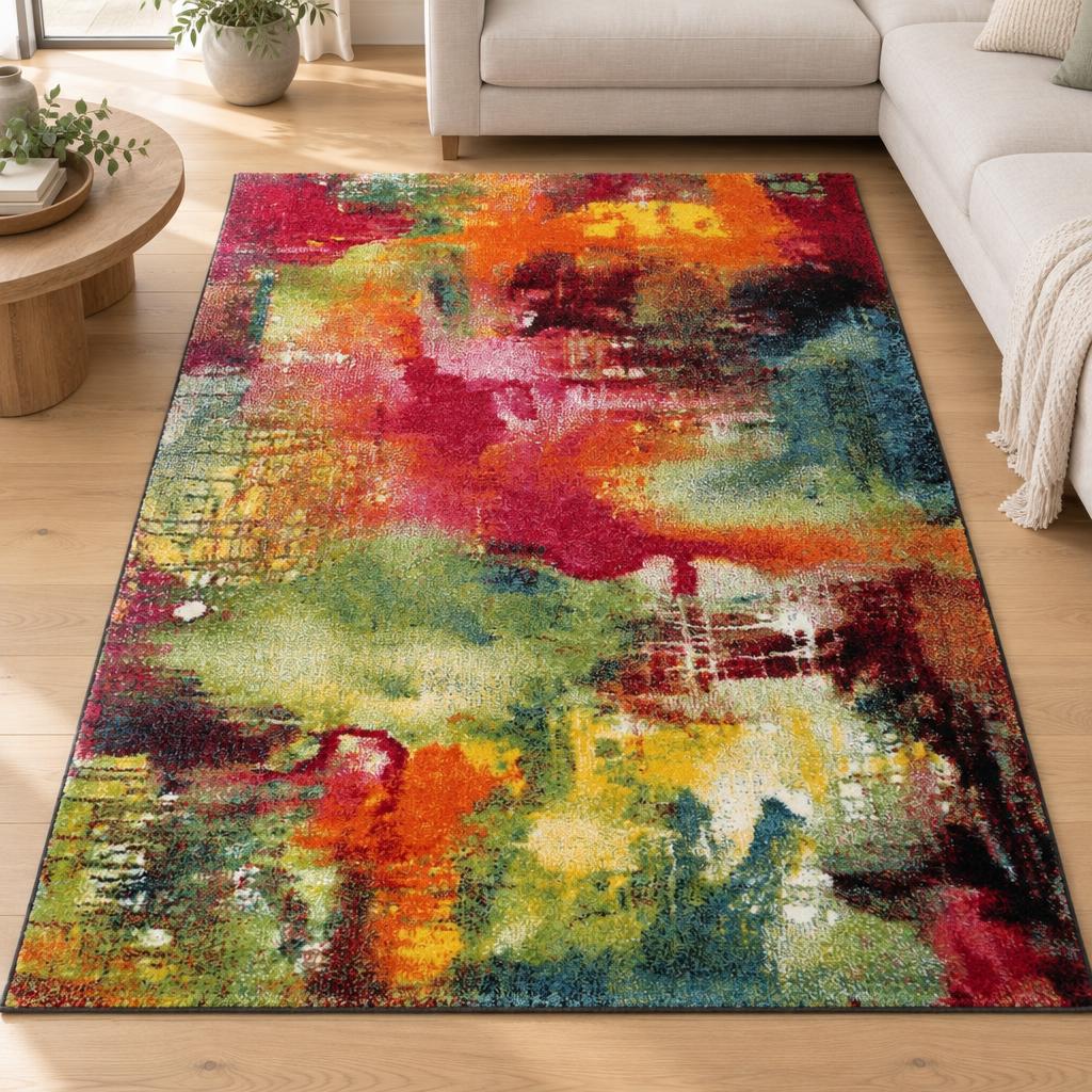 Kleurrijk abstract vloerkleed Belis Multi, laagpolig – sfeerimpressie in de woonkamer