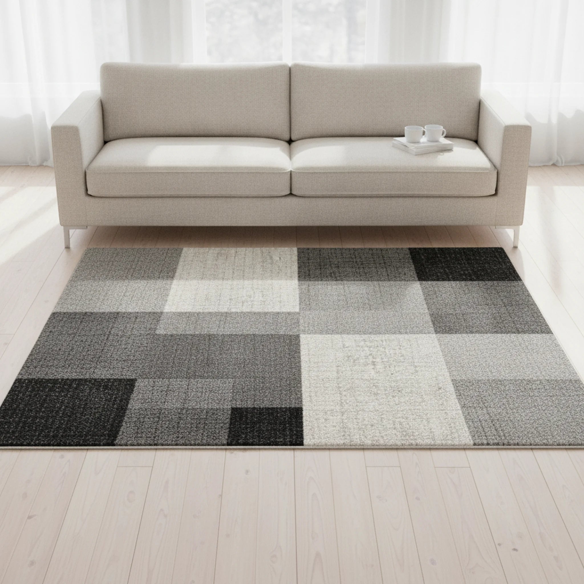 Modern Blokdesign Laagpolig Vloerkleed – Stijlvol, Warm & Tijdloos voor Elk Interieur Grijs - Sfeerbeeld
