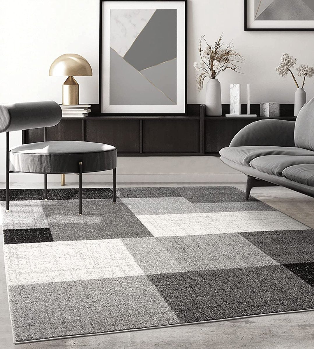 Modern Blokdesign Laagpolig Vloerkleed – Stijlvol, Warm & Tijdloos voor Elk Interieur Grijs — detail weefsel
