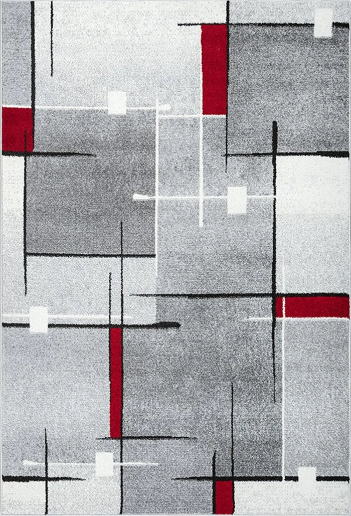 Modern Geometrisch Laagpolig Vloerkleed – Grijs, Zwart & Rood Stijlvolle Blikvanger - Vooraanzicht