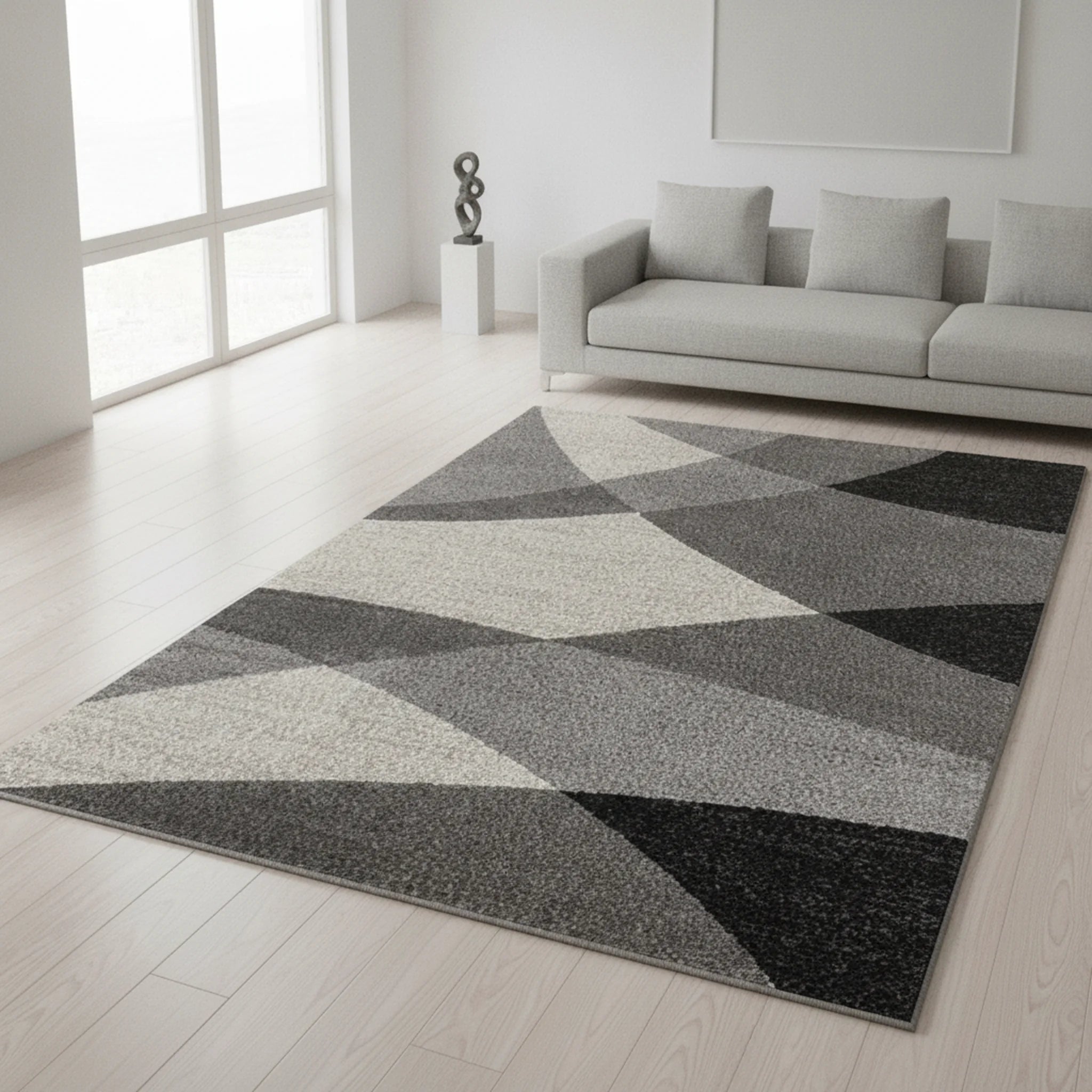 Modern Geometrisch Laagpolig Vloerkleed – Stijlvol Design in Grijs, cream & Zwart - Sfeerbeeld