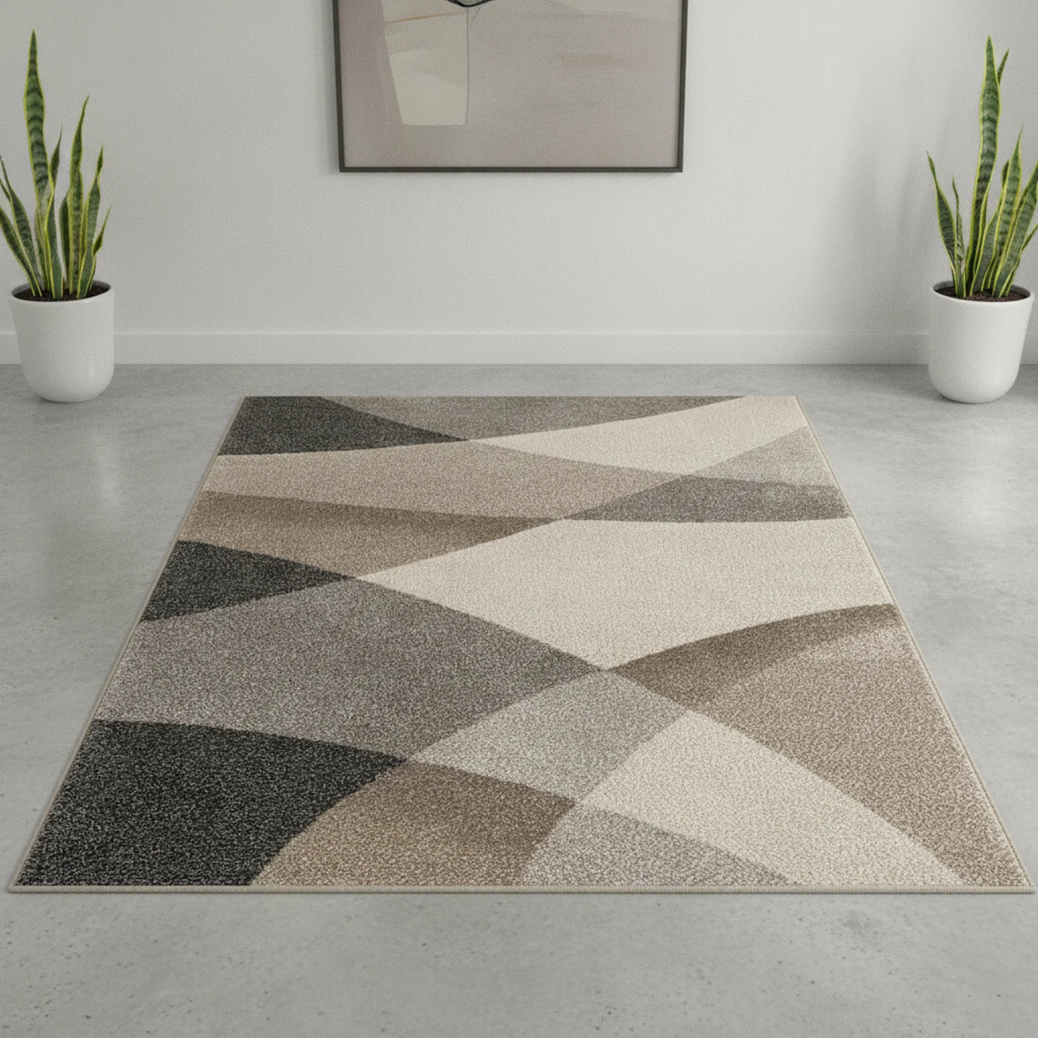 Modern Geometrisch Laagpolig Vloerkleed – Stijlvol Design in Neutrale Aardetinten - Sfeerbeeld