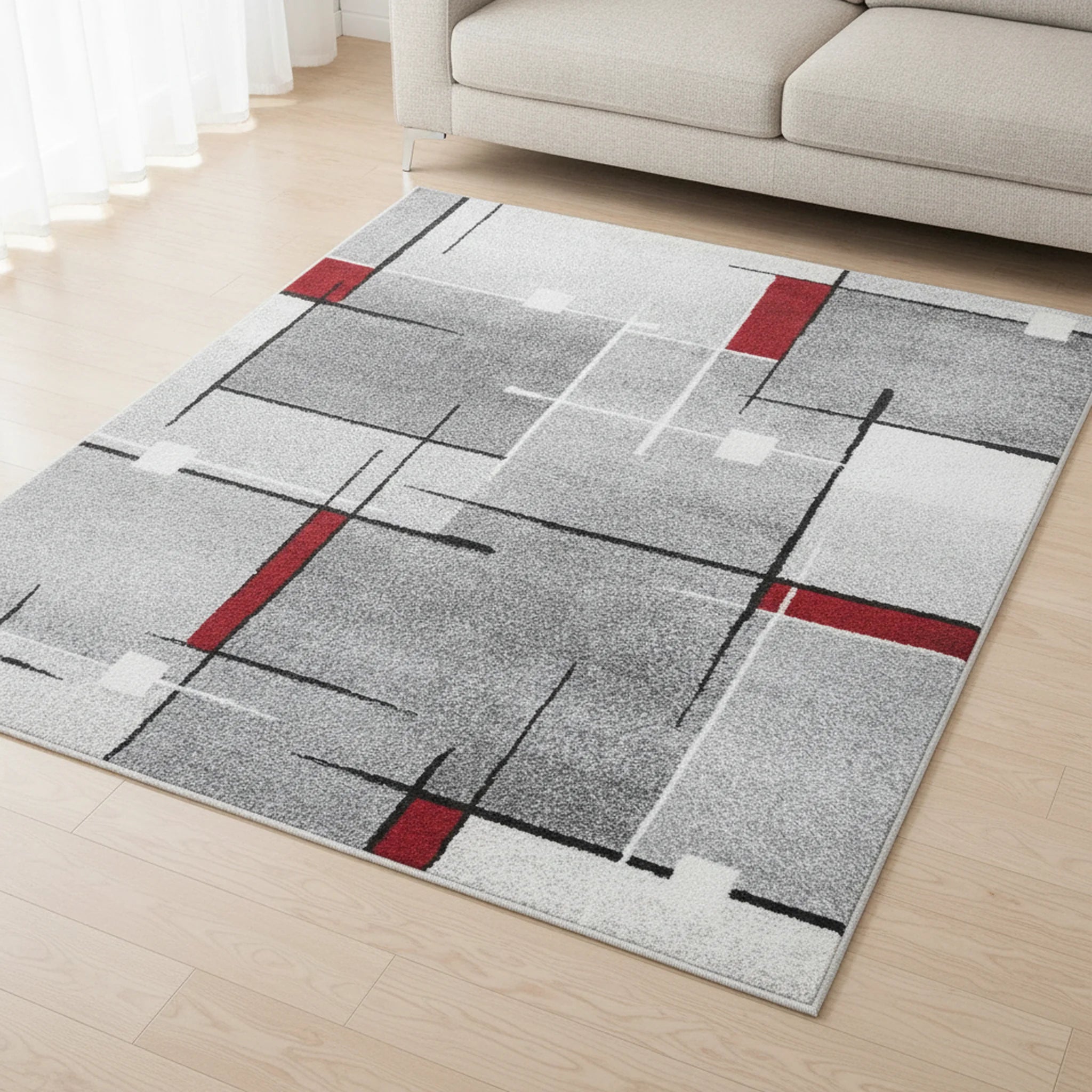 Modern Geometrisch Laagpolig Vloerkleed – Grijs, Zwart & Rood Stijlvolle Blikvanger - Sfeerbeeld