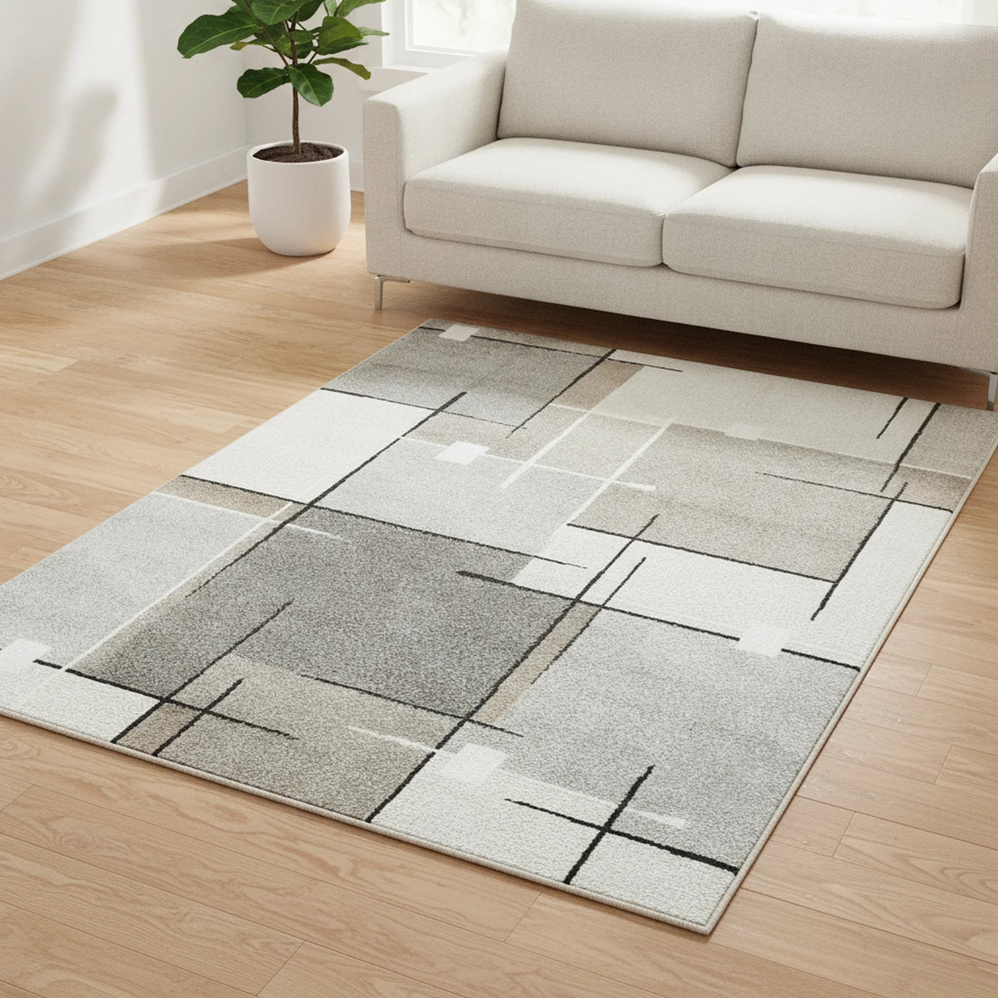 Modern Geometrisch Laagpolig Vloerkleed – Grijs, Zwart & Beige Stijlvolle Blikvanger - Sfeerbeeld